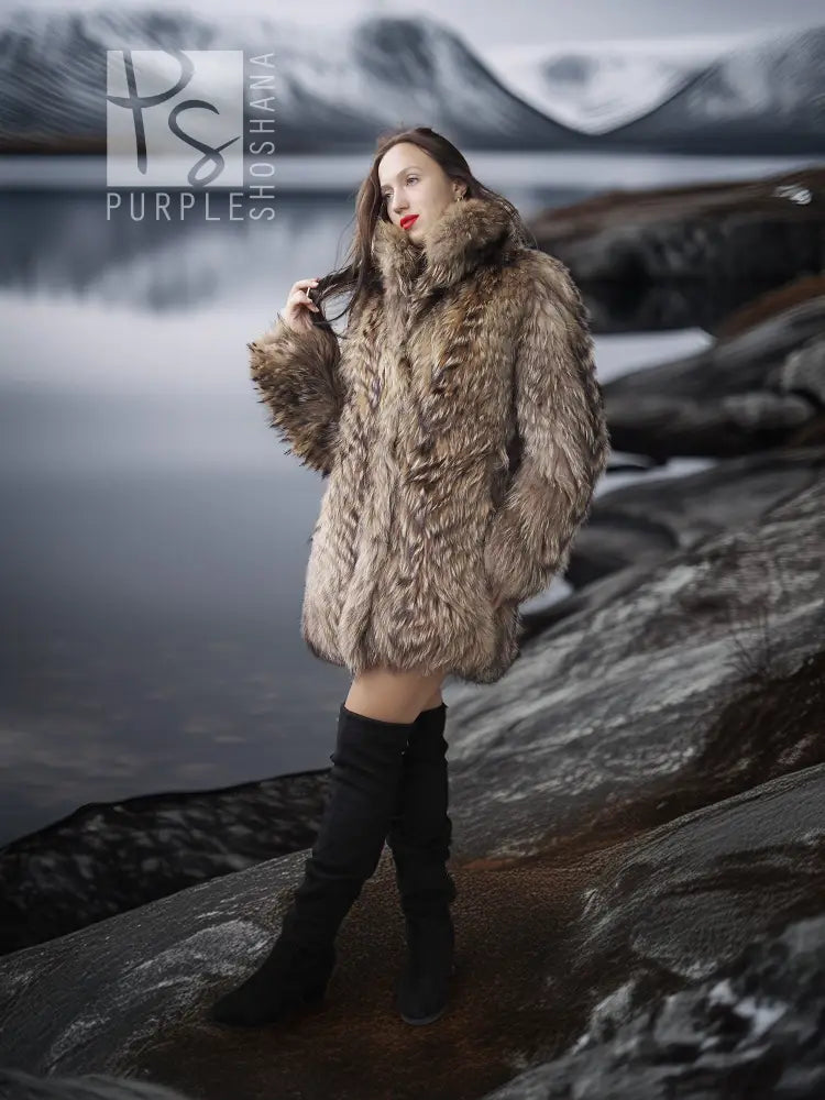 Raccoon fur jacket with voluminous collar, taupe-brown shaggy fur, standing pose