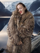 Raccoon fur jacket with oversized collar, shaggy brown fur, front close-up
