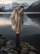 Raccoon fur jacket with voluminous collar, taupe-brown fur texture, front view