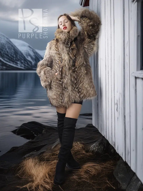 Brown raccoon fur jacket with tall collar, hanging sleeves, front view near a doorway