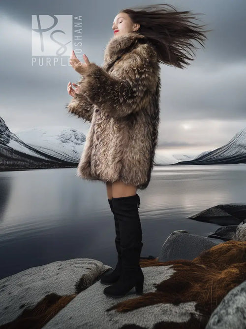 Raccoon fur jacket with voluminous collar, taupe-brown plush fur, flared shoulders