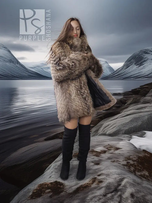 Raccoon fur jacket in shaggy brown fur with oversized collar, side view