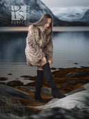 Raccoon fur jacket with voluminous collar, taupe-brown fur, side profile