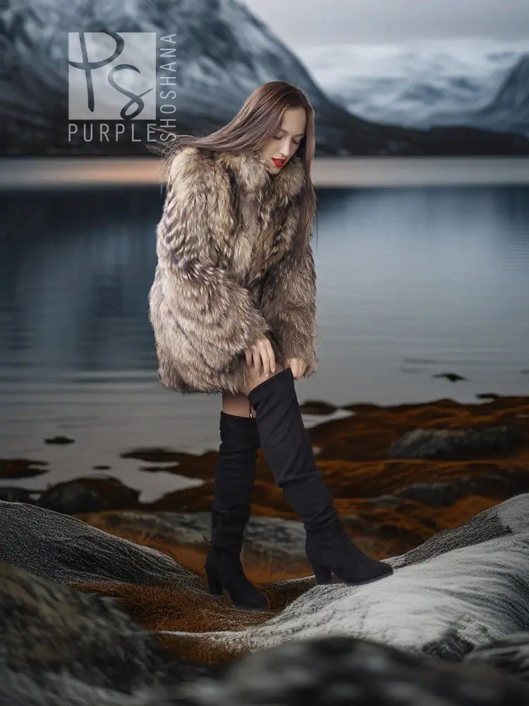 Raccoon fur jacket with voluminous collar, taupe-brown fur, side profile