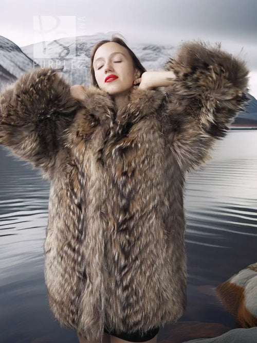 Raccoon fur jacket with oversized collar, taupe-brown shaggy fur, neckline detail