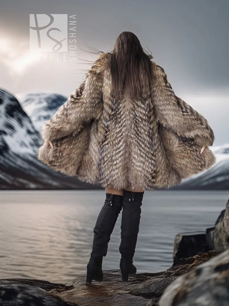Raccoon fur jacket with voluminous collar, brown fur, cape-like shoulders