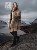 Brown raccoon fur jacket with plush texture and voluminous collar, side view