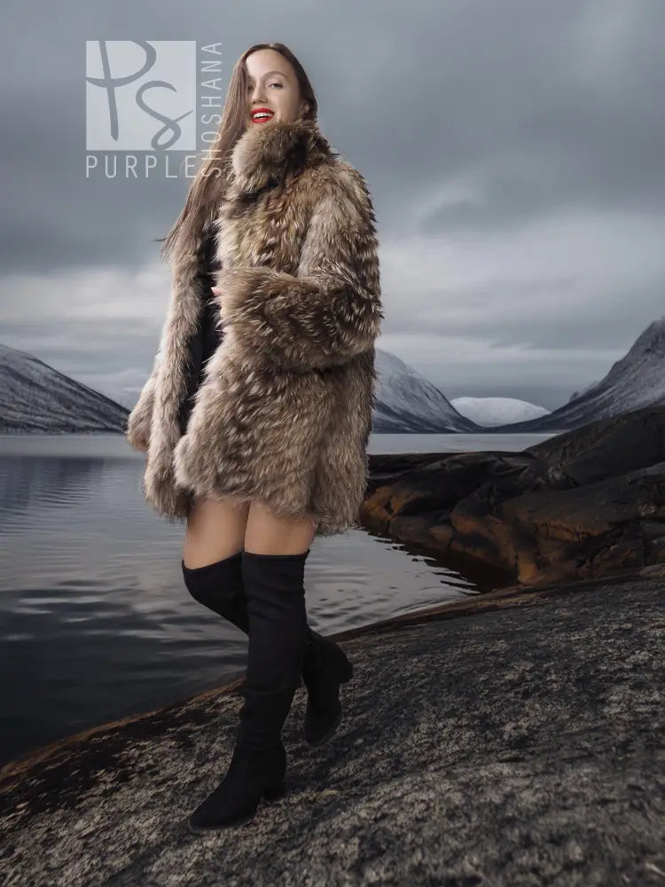 Brown raccoon fur jacket with plush texture and voluminous collar, side view