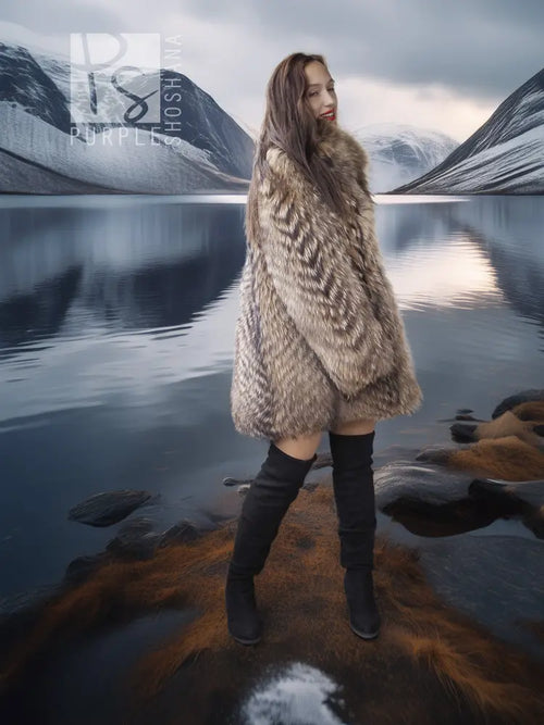 Brown raccoon fur jacket with large collar, full length, shown from side