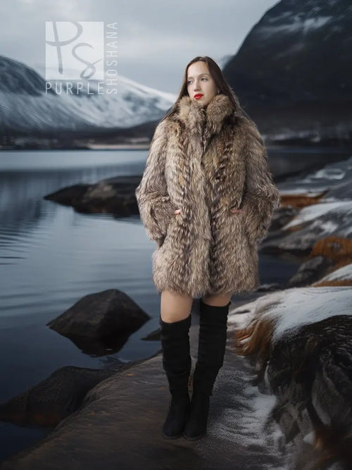 Brown raccoon fur jacket with voluminous collar and full sleeves, standing full body