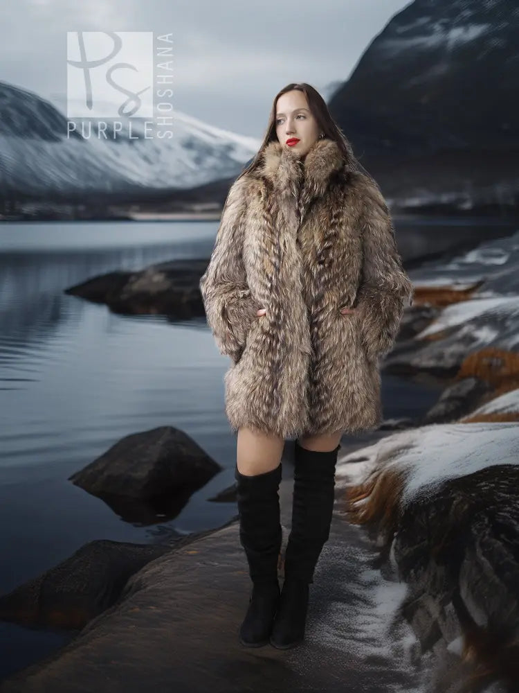 Brown raccoon fur jacket with voluminous collar and full sleeves, standing full body