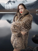 Raccoon fur jacket, shaggy brown fur with oversized collar, front view