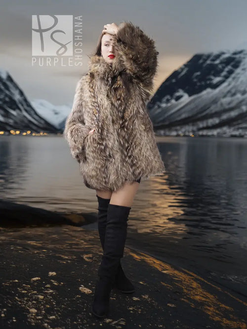 Raccoon fur jacket with voluminous collar, taupe-brown shaggy fur, side view