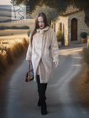 Women’s sheared beaver coat with fluffy collar, light beige, knee length