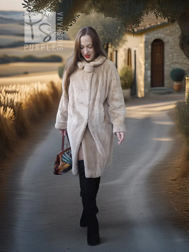 Women’s sheared beaver coat with fluffy collar, light beige, knee length