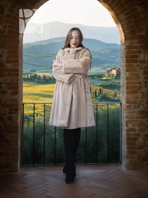Women’s sheared beaver coat with fluffy collar, light beige, full length