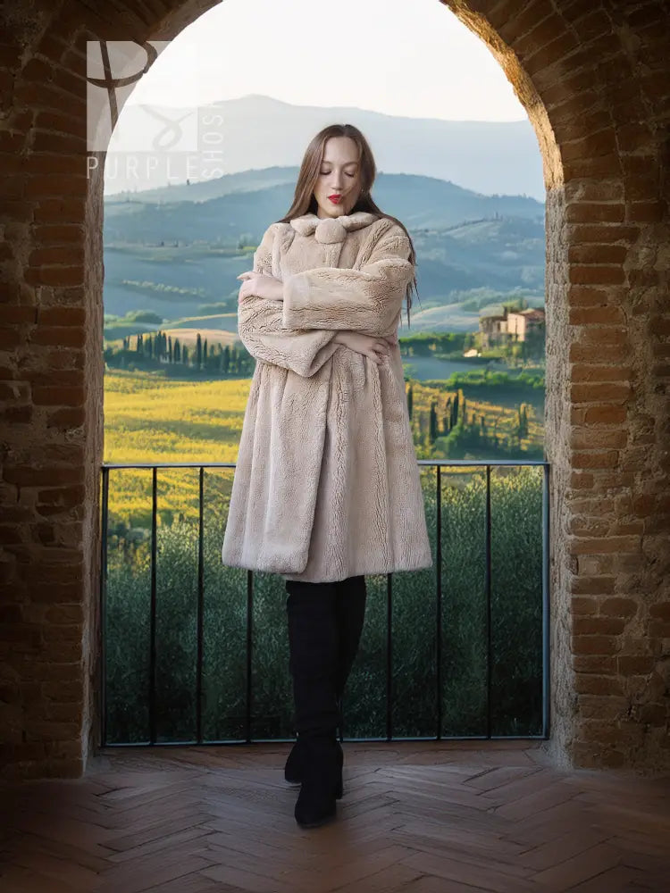 Women’s sheared beaver coat with fluffy collar, light beige, full length