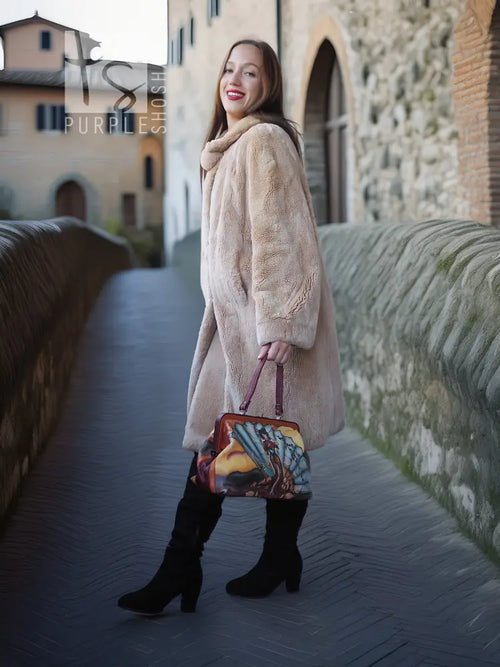 Women’s sheared beaver coat with fluffy collar, light beige, side view