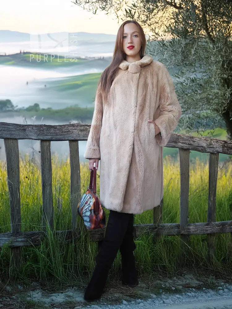 "The Tuscan Whisper" — Sheared Beaver Coat in Honey-Cashmere Color By Creeds