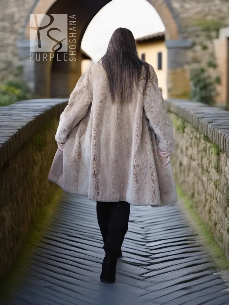 Women’s sheared beaver coat with fluffy collar, light beige, back view