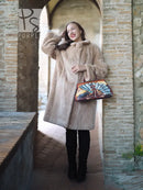 Women’s sheared beaver coat with fluffy collar, light beige