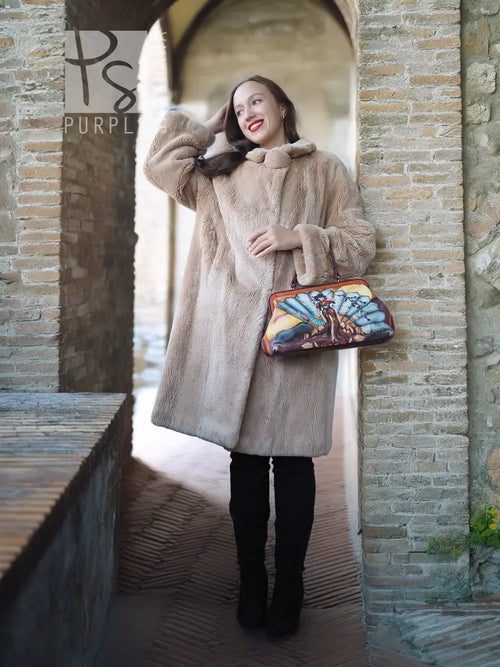 Women’s sheared beaver coat with fluffy collar, light beige