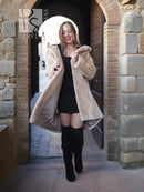 Honey beaver coat, open front with shear-fur sleeves and plush high collar