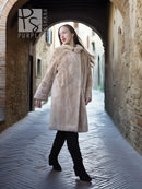 Women’s sheared beaver coat with fluffy collar, light beige, full front