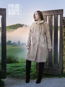 Women’s sheared beaver coat with fluffy collar, light beige, front standing