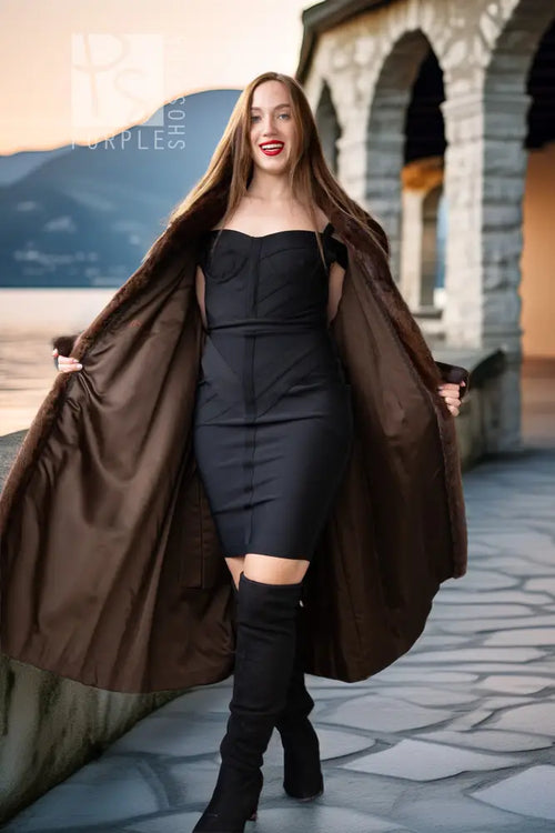 Dark brown mink coat with open front and flowing wide sleeves