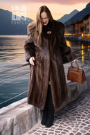 Long dark brown mink coat with button front and oversized plush sleeves