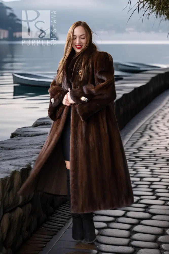 Rich brown mink fur demi coat with tie belt and wide lapels