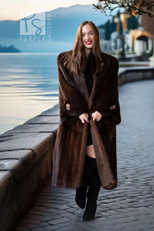 Brown mink coat with tie-belt at waist and long sleeves, plush fur texture