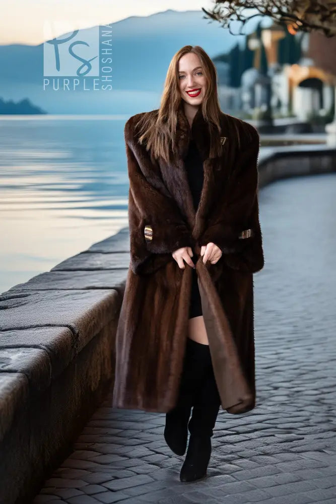 Brown mink coat with tie-belt at waist and long sleeves, plush fur texture