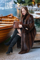 Brown mink fur coat with wide cuffs and open front, long length