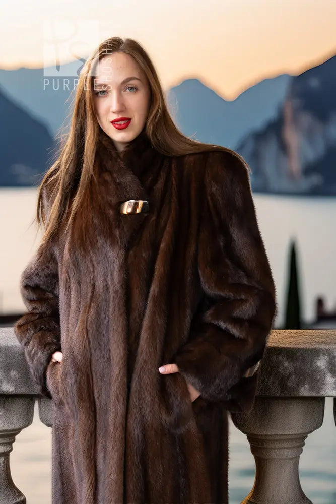 Dark brown mink coat with stand collar and gold-tone clasp at the neckline