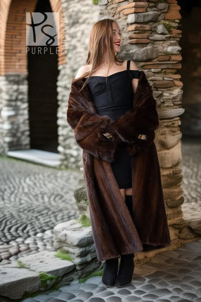 Brown mink coat with long sleeves and open front, plush fur with wide collar