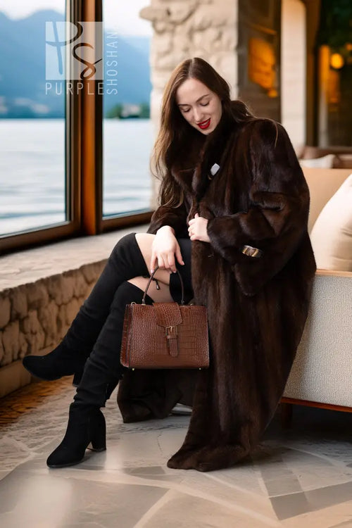 Demi mink coat in dark brown with belt, long sleeves, side pockets