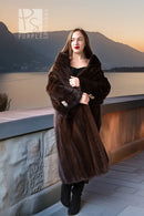 Long rich brown mink coat with oversized fur collar, front button closure