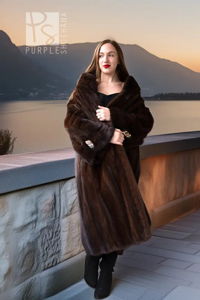 Long rich brown mink coat with oversized fur collar, front button closure