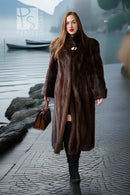 Brown mink coat with open front, long hem, and rectangular cuff fasteners