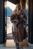 Back view dark brown mink coat with raised fur collar and full sleeves