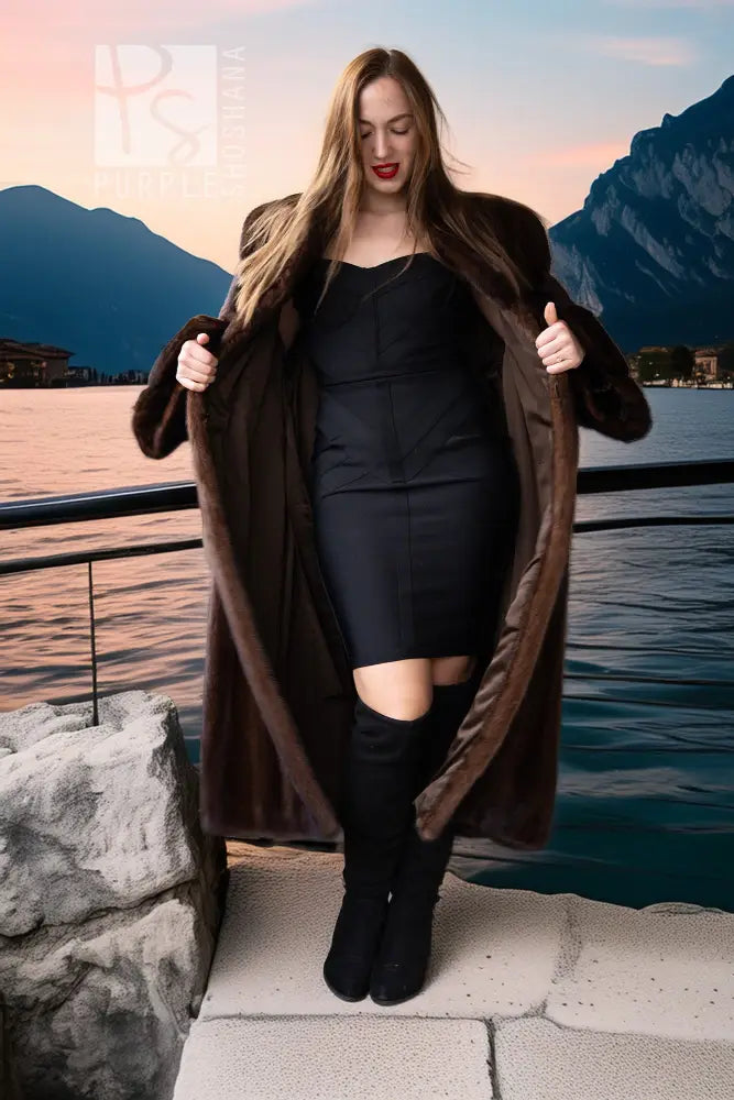 Dark brown mink coat with open front and long fur sleeves, front view