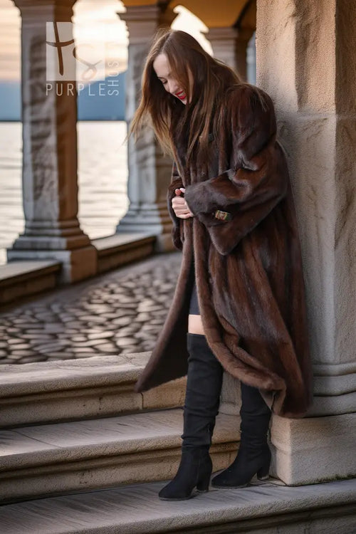 Demi buff mink coat with rich brown tone, shawl collar, full-length fur coat
