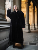 Black beaver fur long coat with V-neck and button front, full sleeves