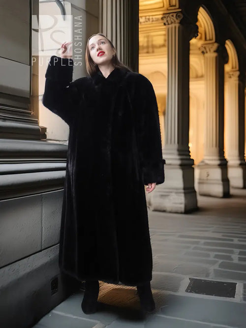Black beaver fur long coat with V-neck and button front, full sleeves