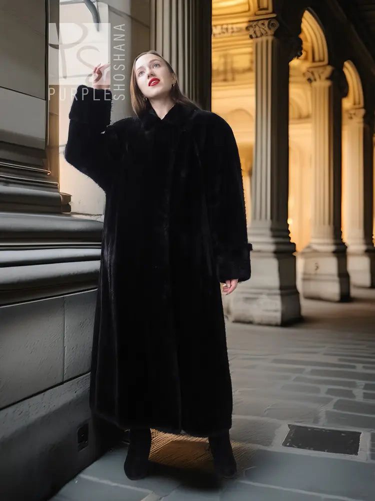 Black beaver fur long coat with V-neck and button front, full sleeves