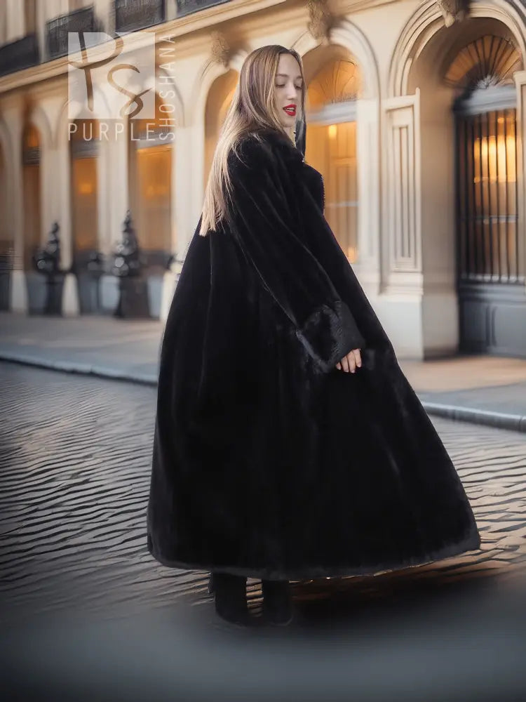 Black beaver fur long coat with V-neck, button front, and wide draped hem