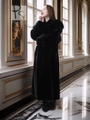 Black long fur coat with button-front style and high collar, full length