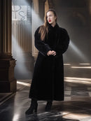 Black sheared beaver fur coat with stand collar; front view, long hem and open front.